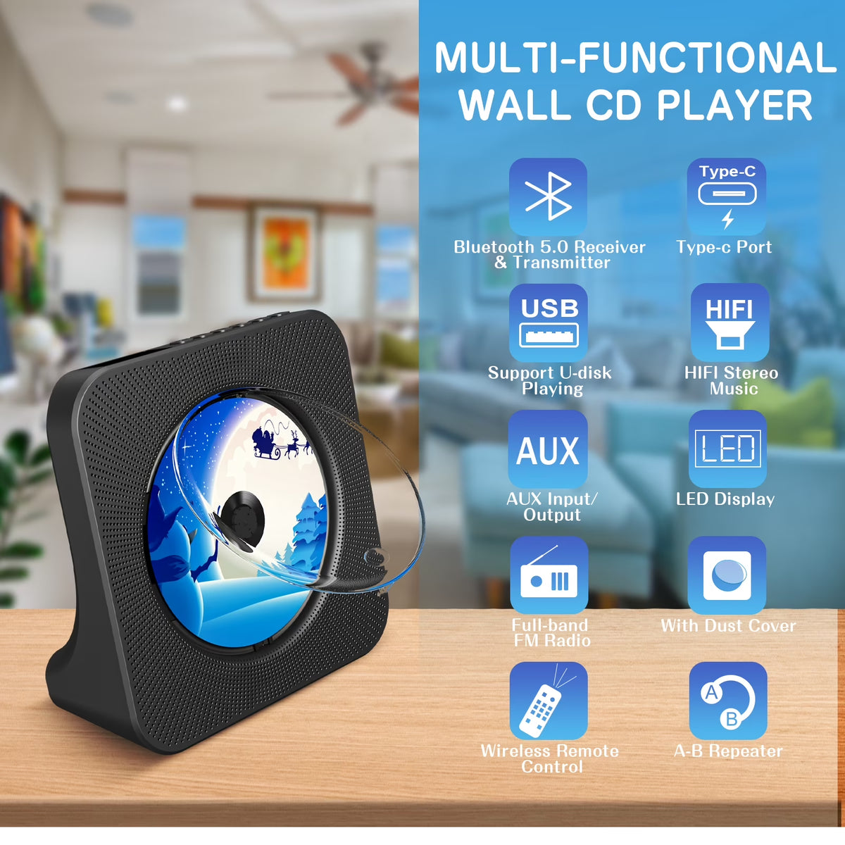 Desktop CD Player Portable with Bluetooth,Dual Stereo Speakers, CD Music Player for Home with Remote Control