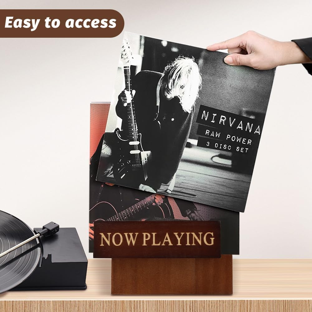 Vinyl Record Stand, Classic Wood Albums Now Playing Display Vinyl Record Stand Elegant Rustic Cds(Color:Brown)
