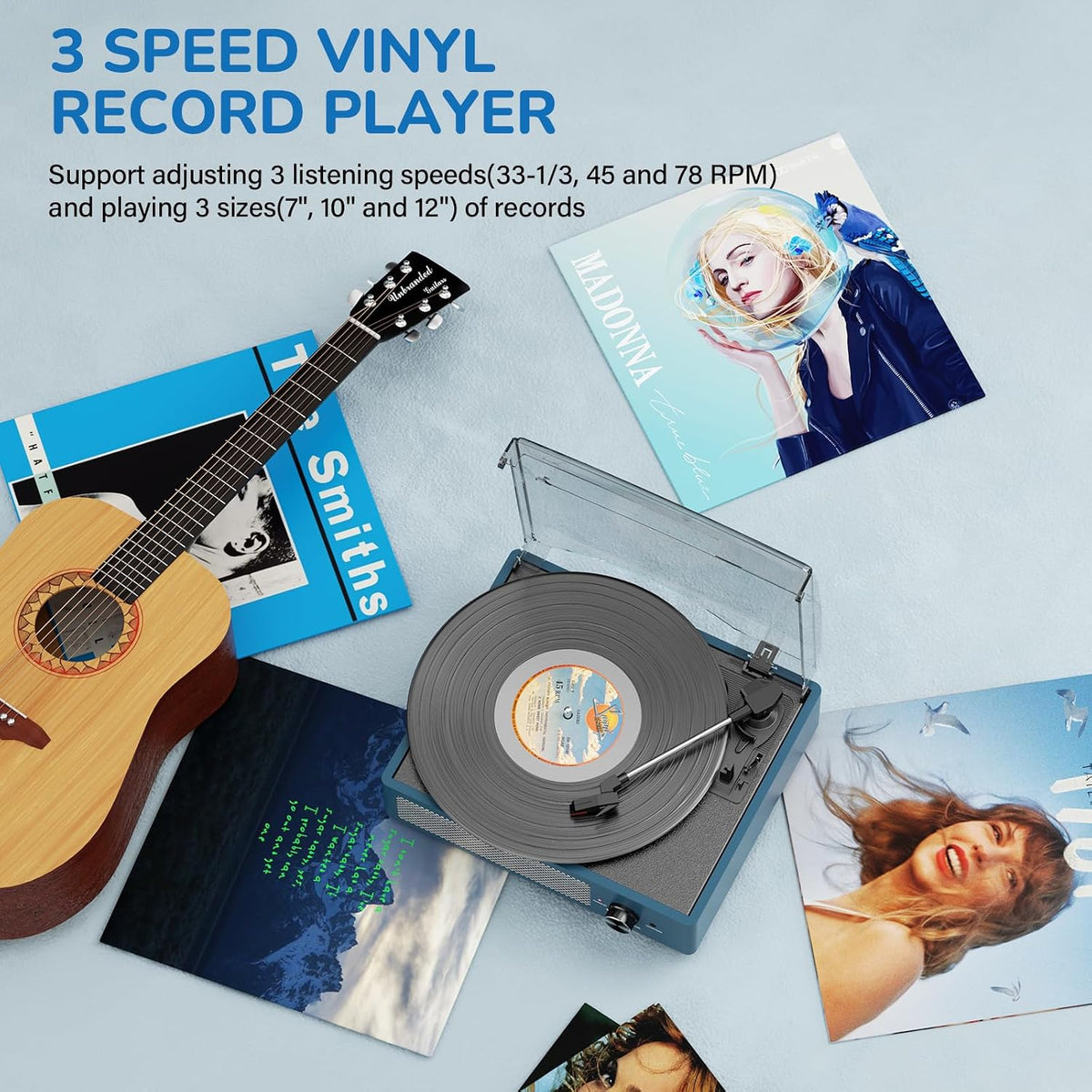 Vinyl Record Player with 2 Stereo Speakers Belt-Driven Vintage Turntables 3 Speed 3 Size Wireless Bluetooth Playback Aux-In RCA Out Headphone LP Vinyl Players Auto Stop Frosted Blue