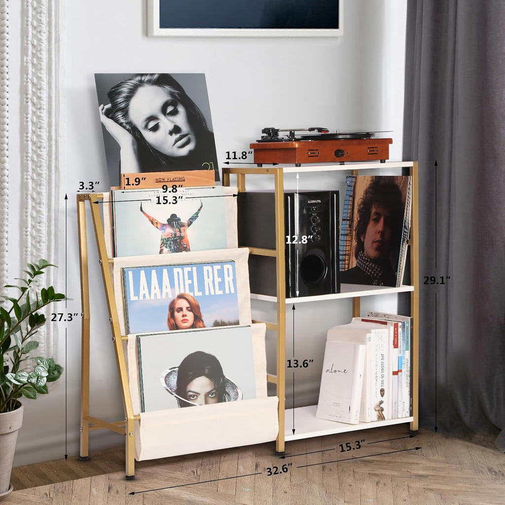 Stand for Record Player, 3 Tier Vinyl Record Storage with Now Playing Holder, Turntable Stand, Vinyl Display with Speaker Storage for Living Room, Gold White