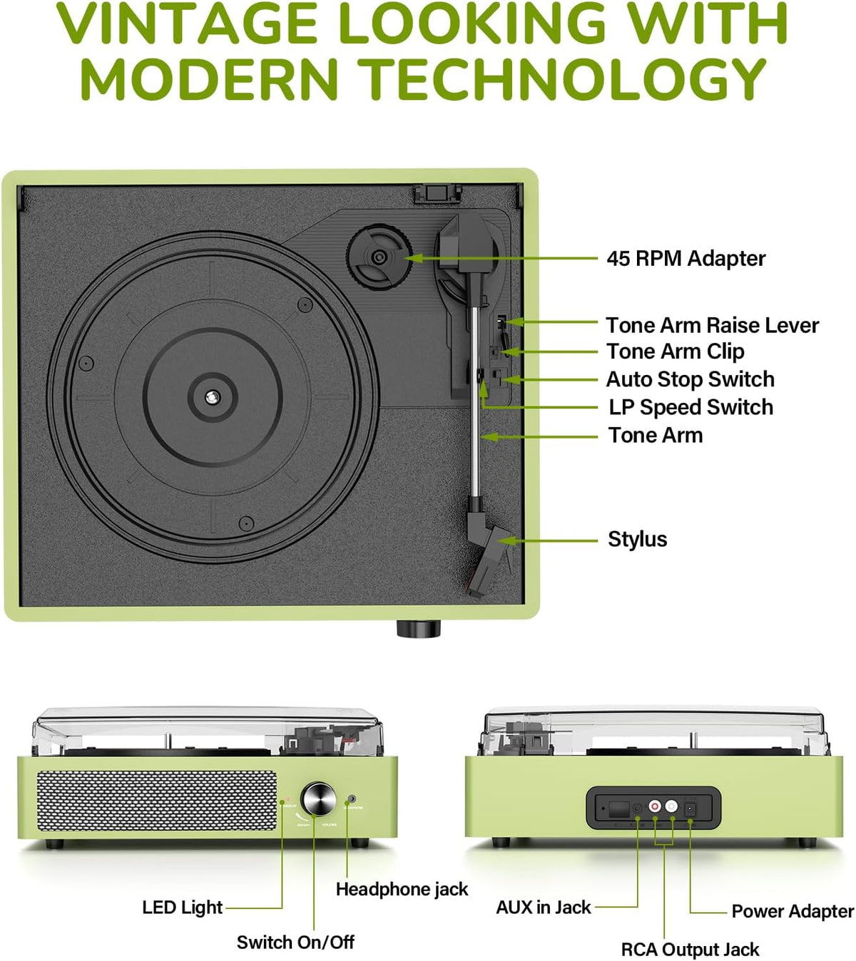 Vinyl Record Player with 2 Stereo Speakers Belt-Driven Vintage Turntables 3 Speed 3 Size Wireless Bluetooth Playback Aux-In RCA Out Headphone LP Vinyl Players Auto Stop Light Green