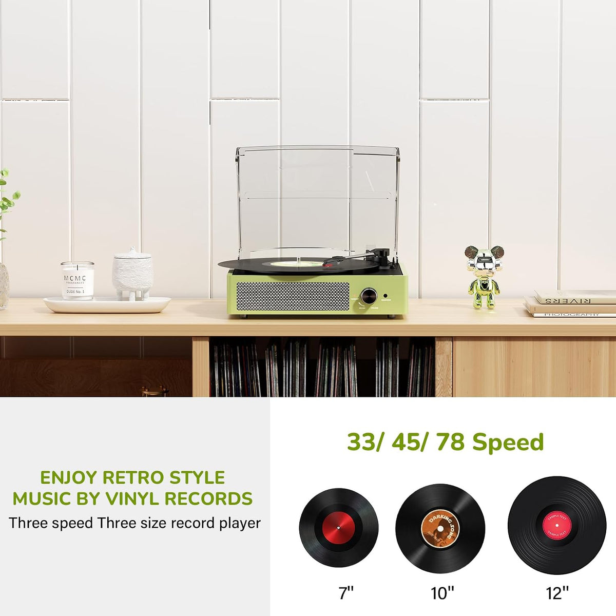 Vinyl Record Player with 2 Stereo Speakers Belt-Driven Vintage Turntables 3 Speed 3 Size Wireless Bluetooth Playback Aux-In RCA Out Headphone LP Vinyl Players Auto Stop Light Green