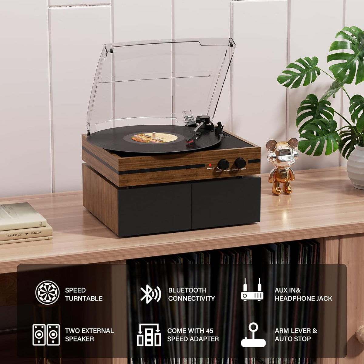 Vinyl Record Player with 2 External Stereo Speakers, Bluetooth, 3-Speed