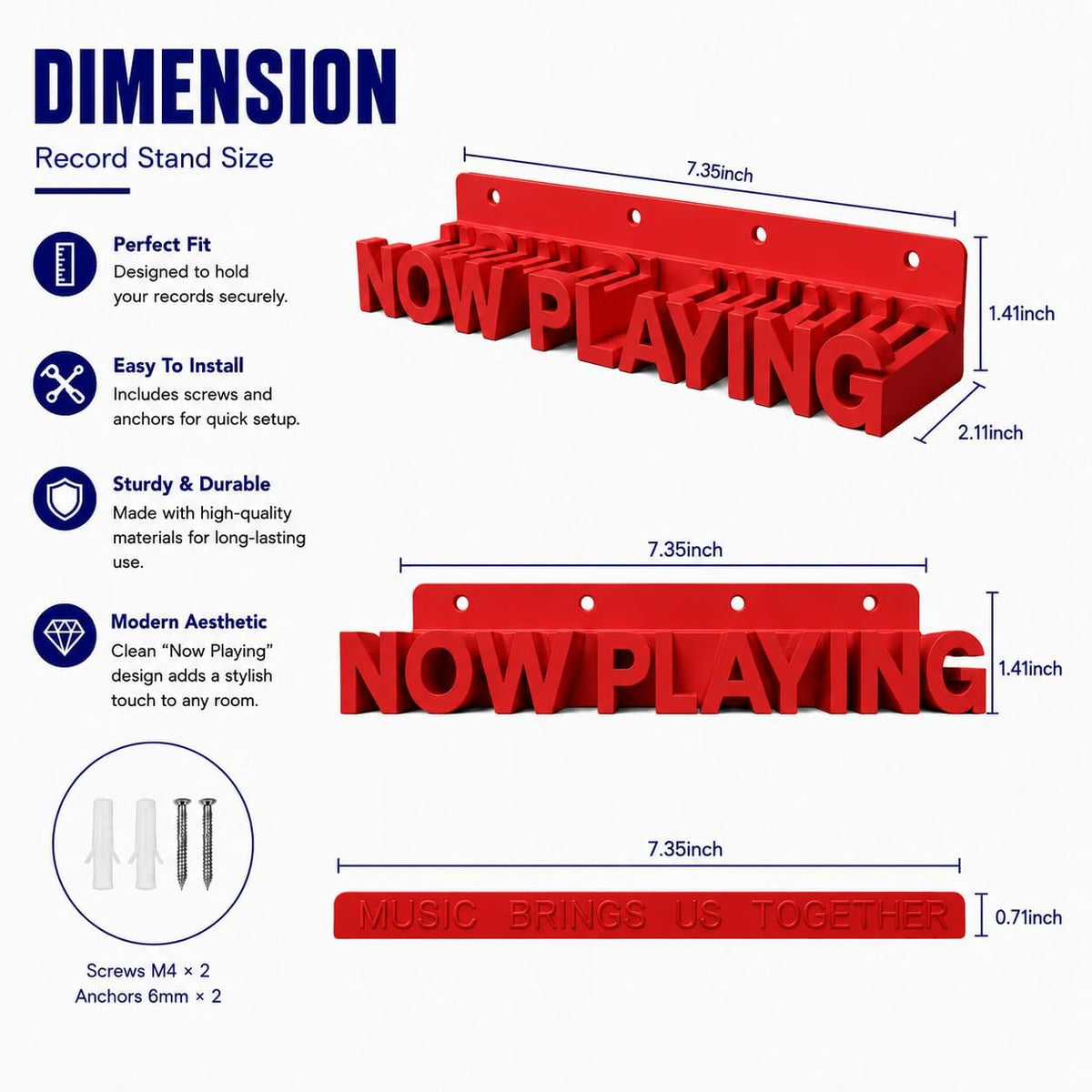 Now Playing Vinyl Record Stand Wall Mount，Record Display Stand for Vinyl Records and LP Record Floating Shelves Record Storage Holder(Red)