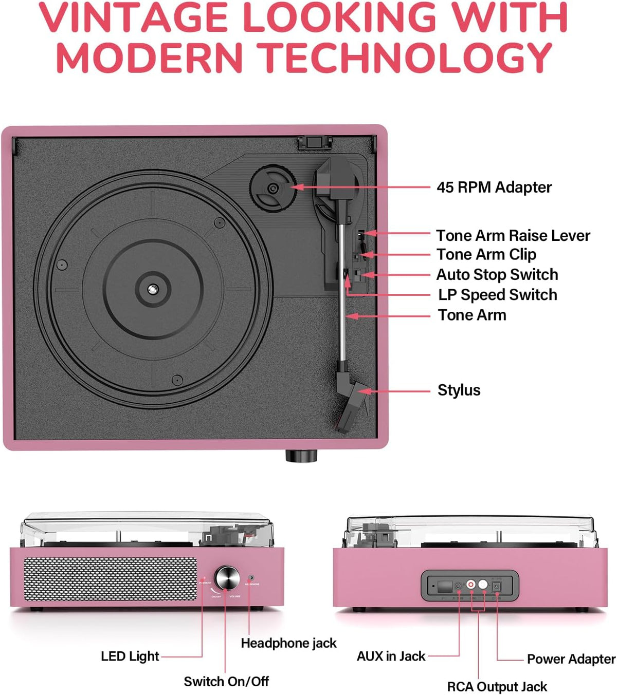 Record Player with Speakers Belt-Driven Vintage Turntables 3 Speed 3 Size Wireless Bluetooth Playback Aux-In RCA Out Headphone LP Vinyl Players Auto Stop Purple Pink