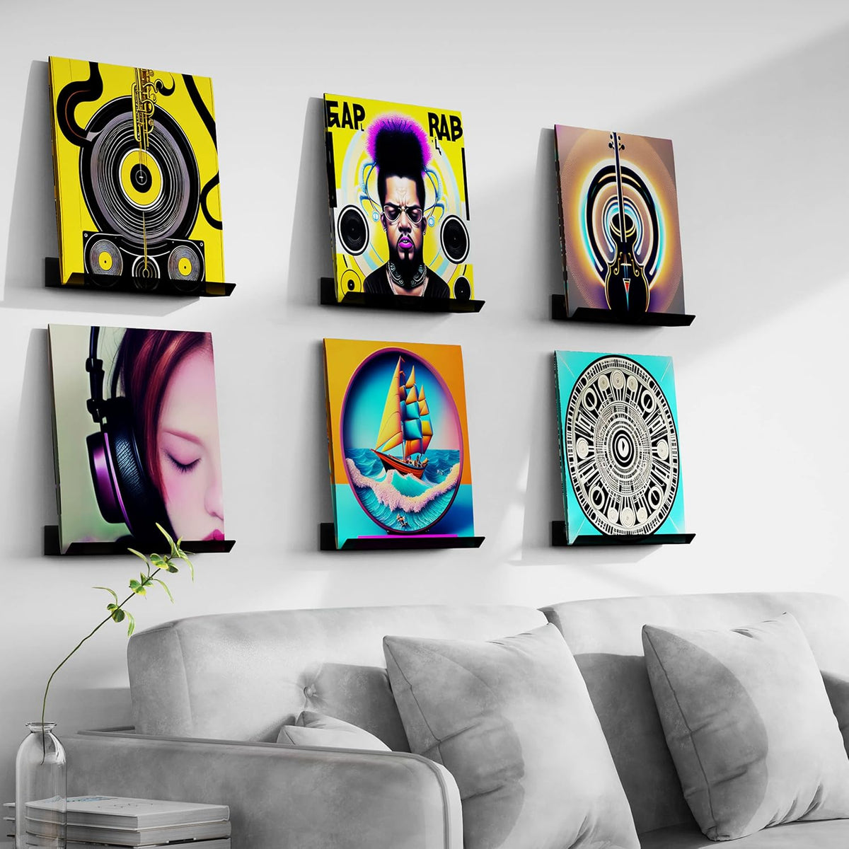 Vinyl Record Wall Mount, 12 Inch Black Acrylic Record Shelf, 6 Pack Vinyl Record Wall Display Holder for Daily LP Listening