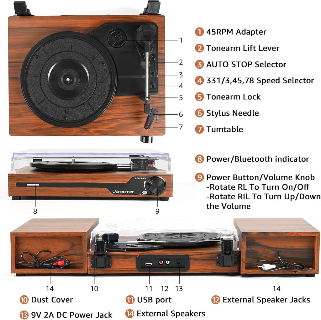 Vinyl Record Player with External Speakers, Bluetooth Turntable