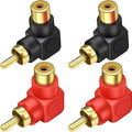 RCA Male to Female Adapter Right Angle 4-Pack, RCA M/F Connector 90 Degree Elbow Gold-Plated (2 Black + 2 Red)