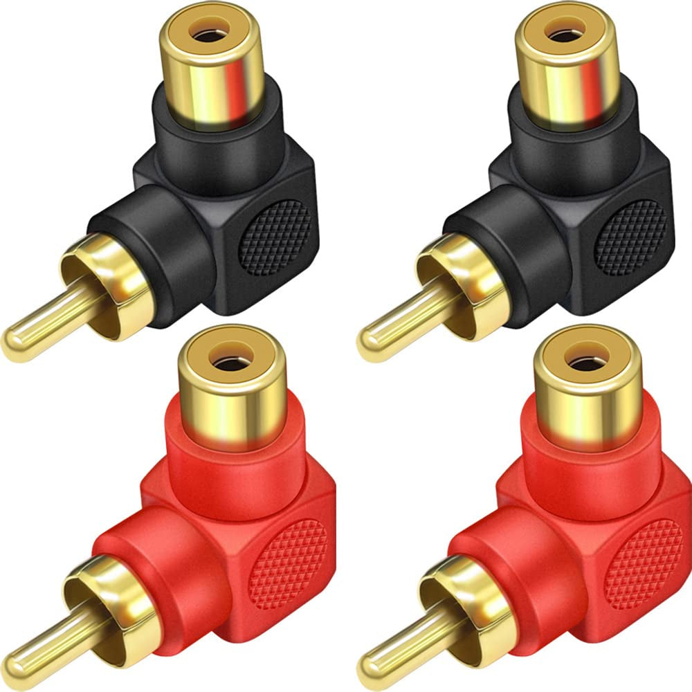 RCA Male to Female Adapter Right Angle 4-Pack, RCA M/F Connector 90 Degree Elbow Gold-Plated (2 Black + 2 Red)