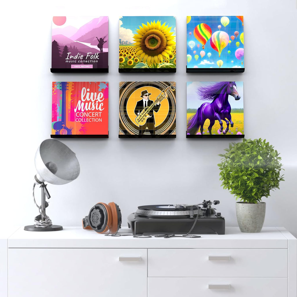 Vinyl Record Wall Mount, 12 Inch Black Acrylic Record Shelf, 6 Pack Vinyl Record Wall Display Holder for Daily LP Listening