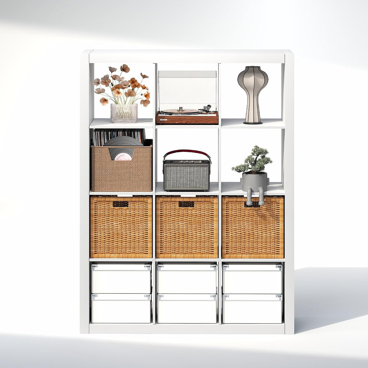Cubicle Record Player Stand, 12-Cube Vinyl Record Storage, White