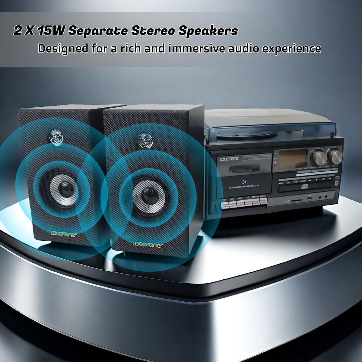 Vinyl Record Player with Dual 15W External Speakers 10 in 1 3 Speed Bluetooth Vintage Turntable CD Cassette Player AM/FM Radio USB Recorder Aux-In RCA Line-Out