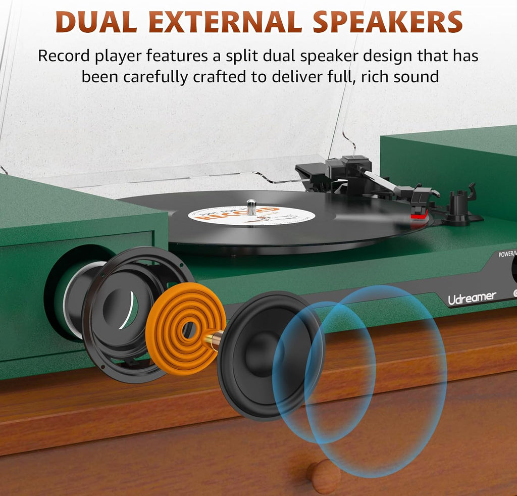 Vinyl Record Player with External Speakers, Bluetooth Turntable, Darkgreen