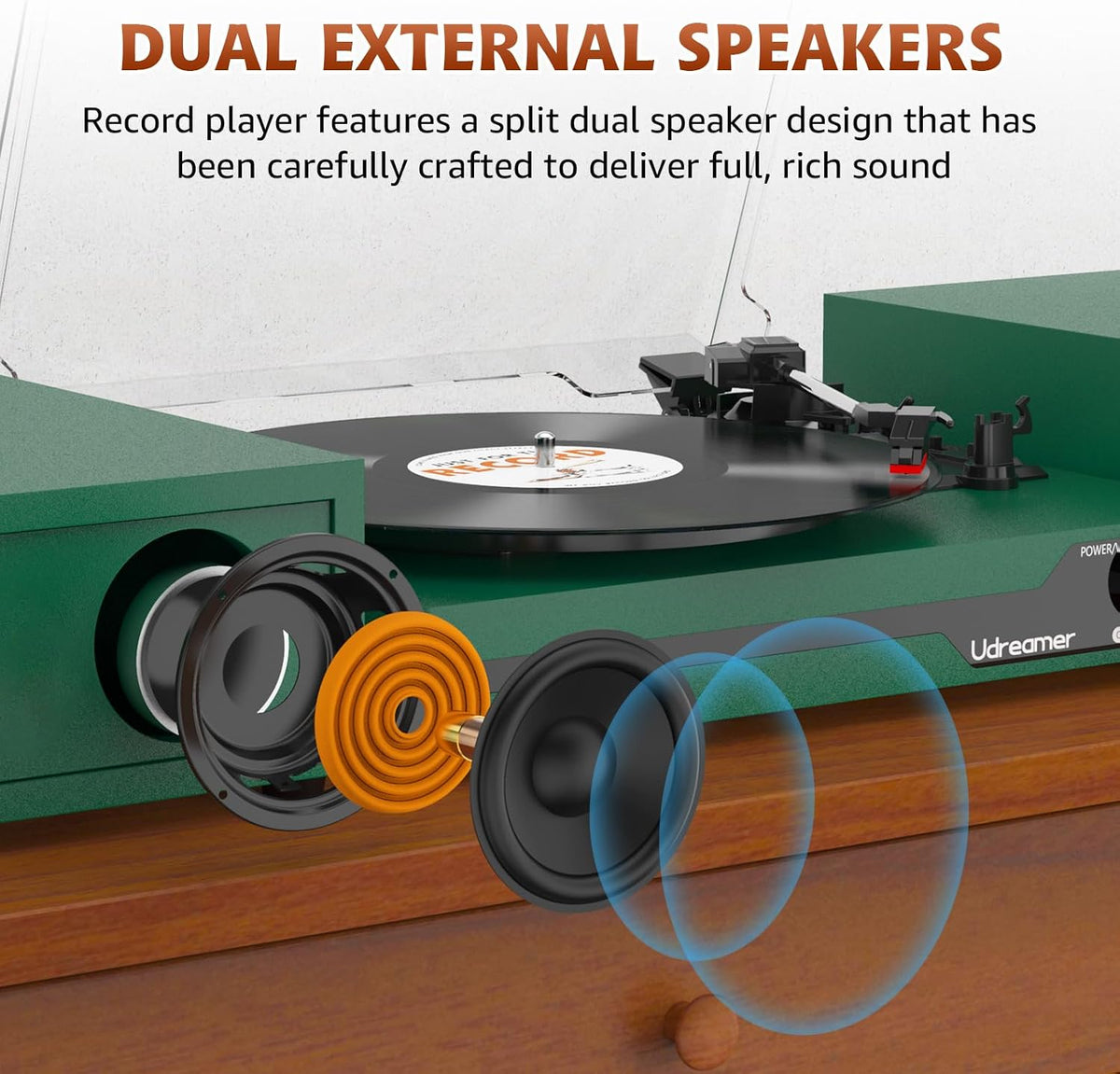 Vinyl Record Player with External Speakers, Bluetooth Turntable, Darkgreen