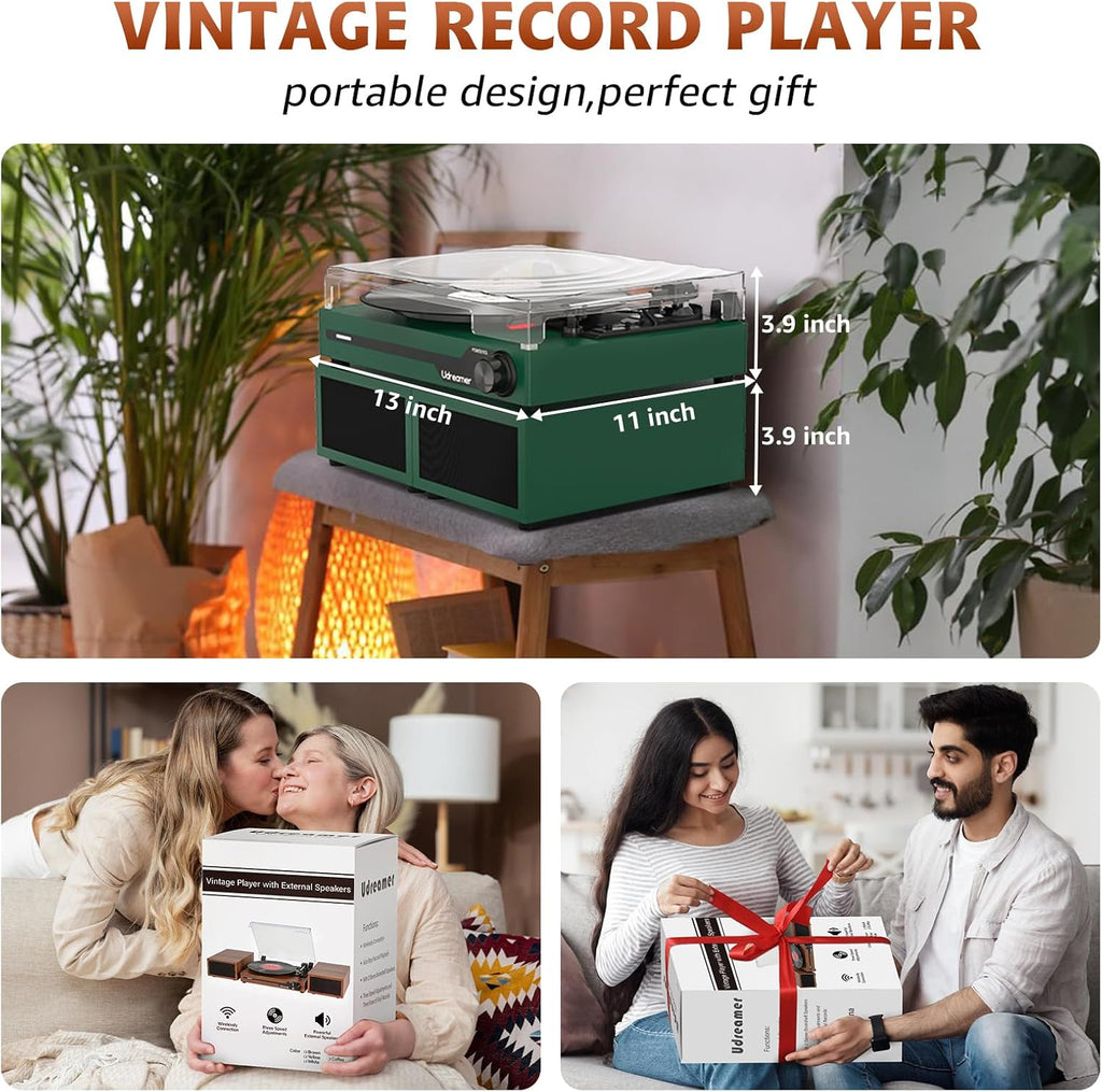 Vinyl Record Player with External Speakers, Bluetooth Turntable, Darkgreen