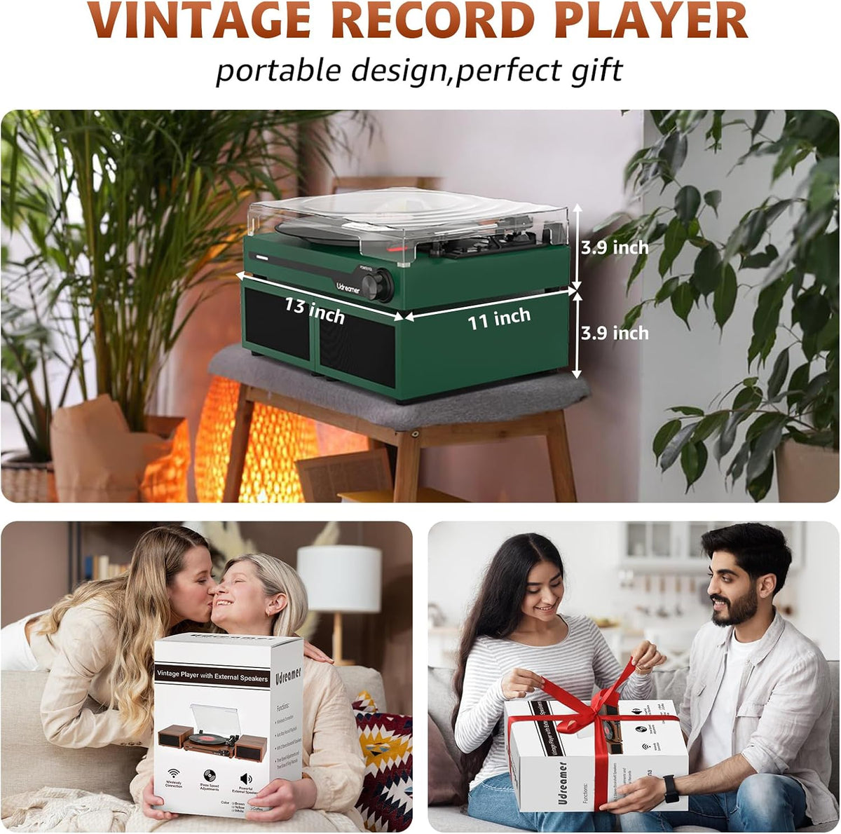 Vinyl Record Player with External Speakers, Bluetooth Turntable, Darkgreen