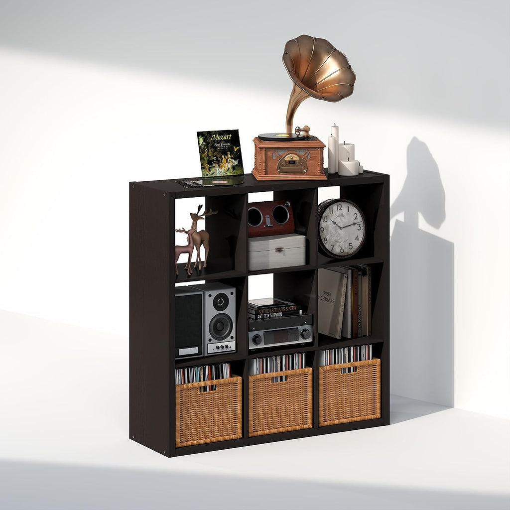 Cubicle Record Player Stand, 9-Cube Record Storage, Dark Oak
