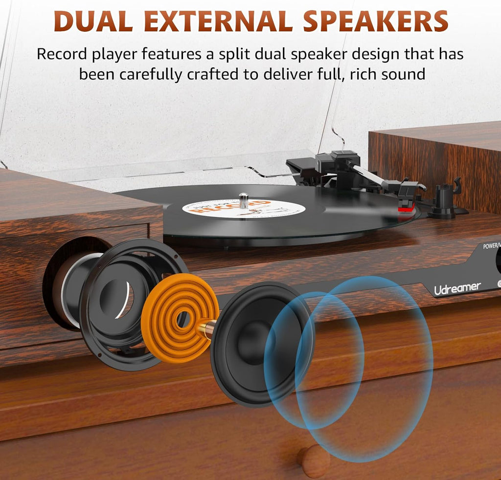 Vinyl Record Player with External Speakers, Bluetooth Turntable, Coffee