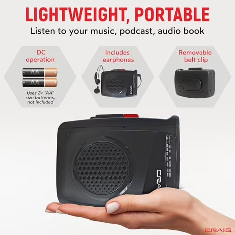 Stereo Cassette Player/Recorder with Earphones: Portable AM/FM Radio & One-Touch Recording System