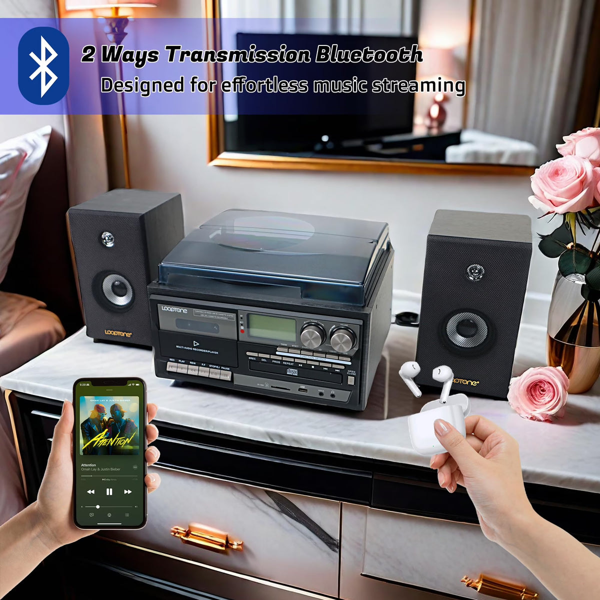 Vinyl Record Player with Dual 15W External Speakers 10 in 1 3 Speed Bluetooth Vintage Turntable CD Cassette Player AM/FM Radio USB Recorder Aux-In RCA Line-Out