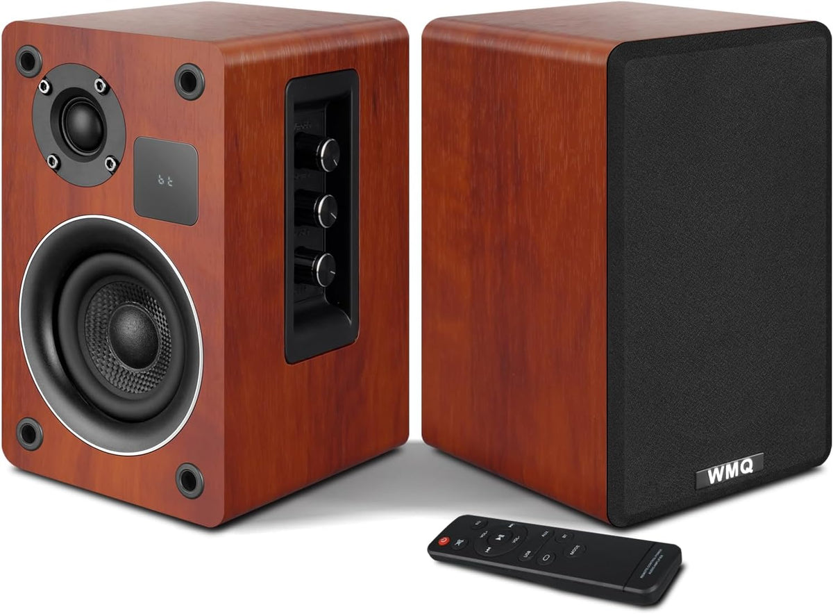 Powered Bluetooth 5.3 Bookshelf Speakers with Remote & LED Display, 3.5" Carbon Fiber Woofer, RCA AUX Input, Wooden Wired Wireless Speakers for Turntable, PC, TV, Gaming, Brown
