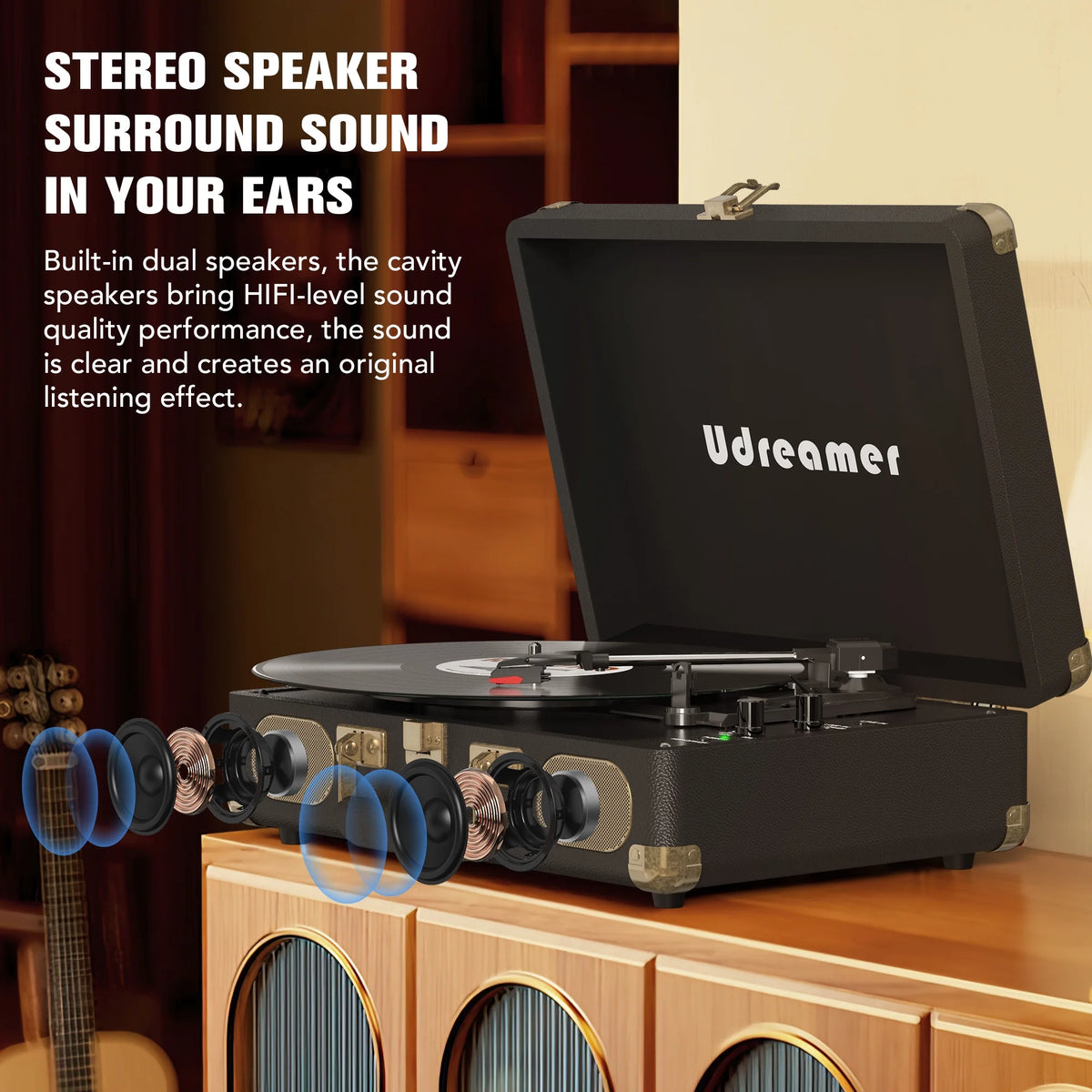 Vinyl Record Player with Speakers,Turntables for Vinyl Records,Portable Suitcase Vinyl Player (Tocadiscos De Vinilo),Black