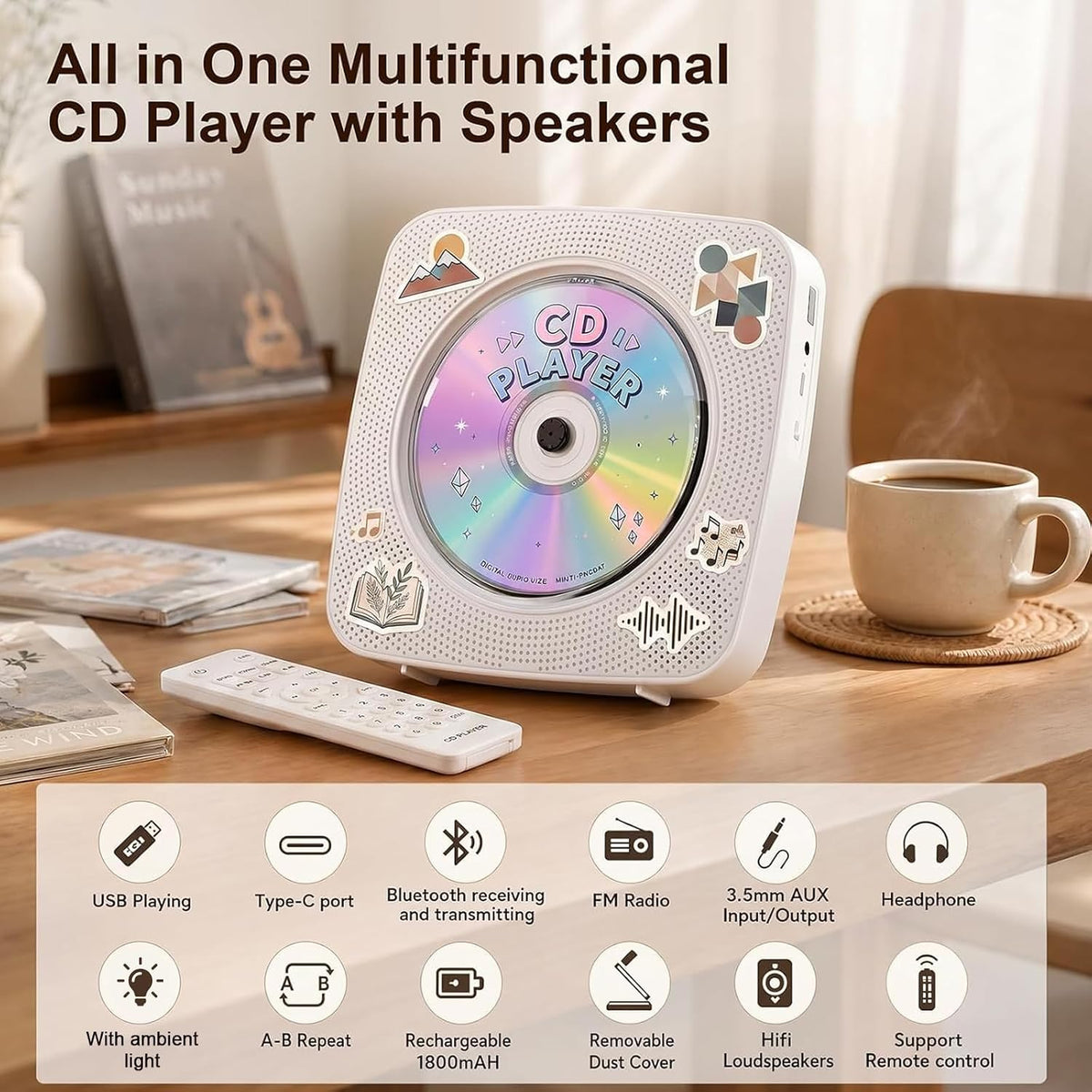 CD Player Portable Bluetooth CD Players for Home Rechargeable