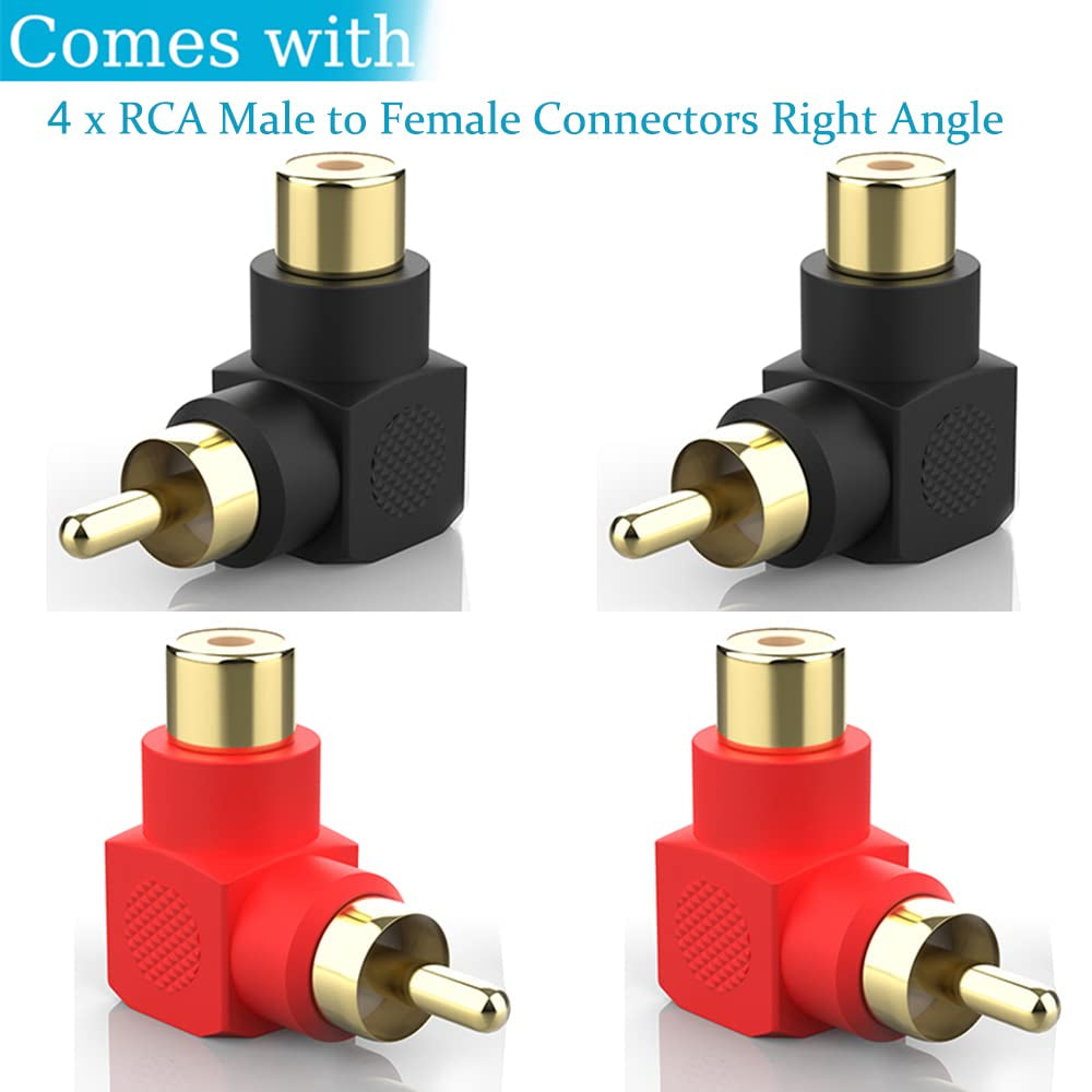 RCA Male to Female Adapter Right Angle 4-Pack, RCA M/F Connector 90 Degree Elbow Gold-Plated (2 Black + 2 Red)