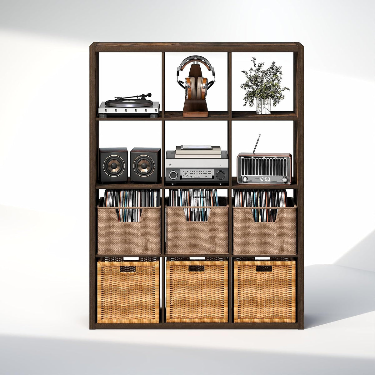 Cubicle Record Player Stand, 12-Cube Record Storage, Amber Pine