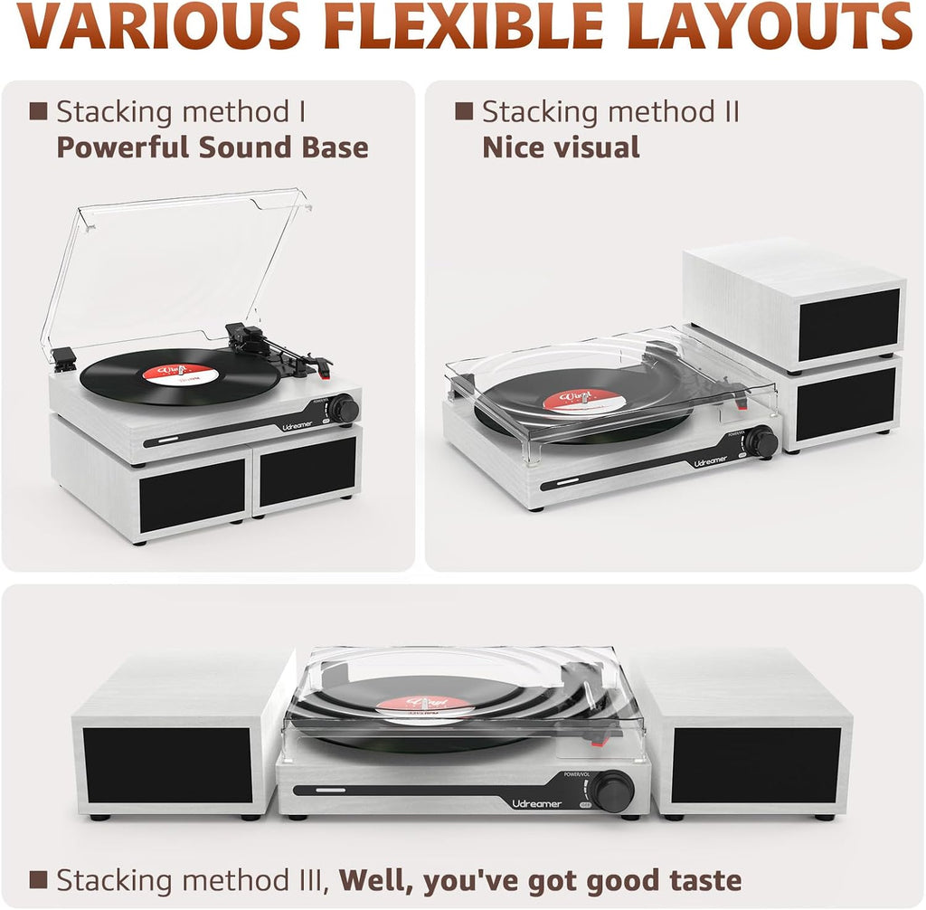 Vinyl Record Player with External Speakers, Bluetooth Turntable, White