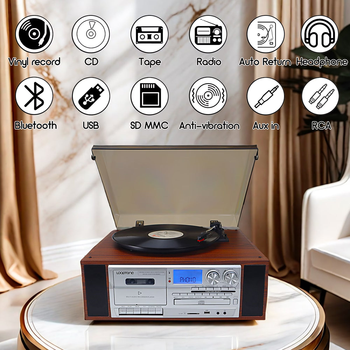 10 in 1 Vinyl Record Player 3 Speed Bluetooth Vintage Automatic Turntable CD Cassette Player AM/FM Radio USB Recorder Aux-In RCA Line-Out