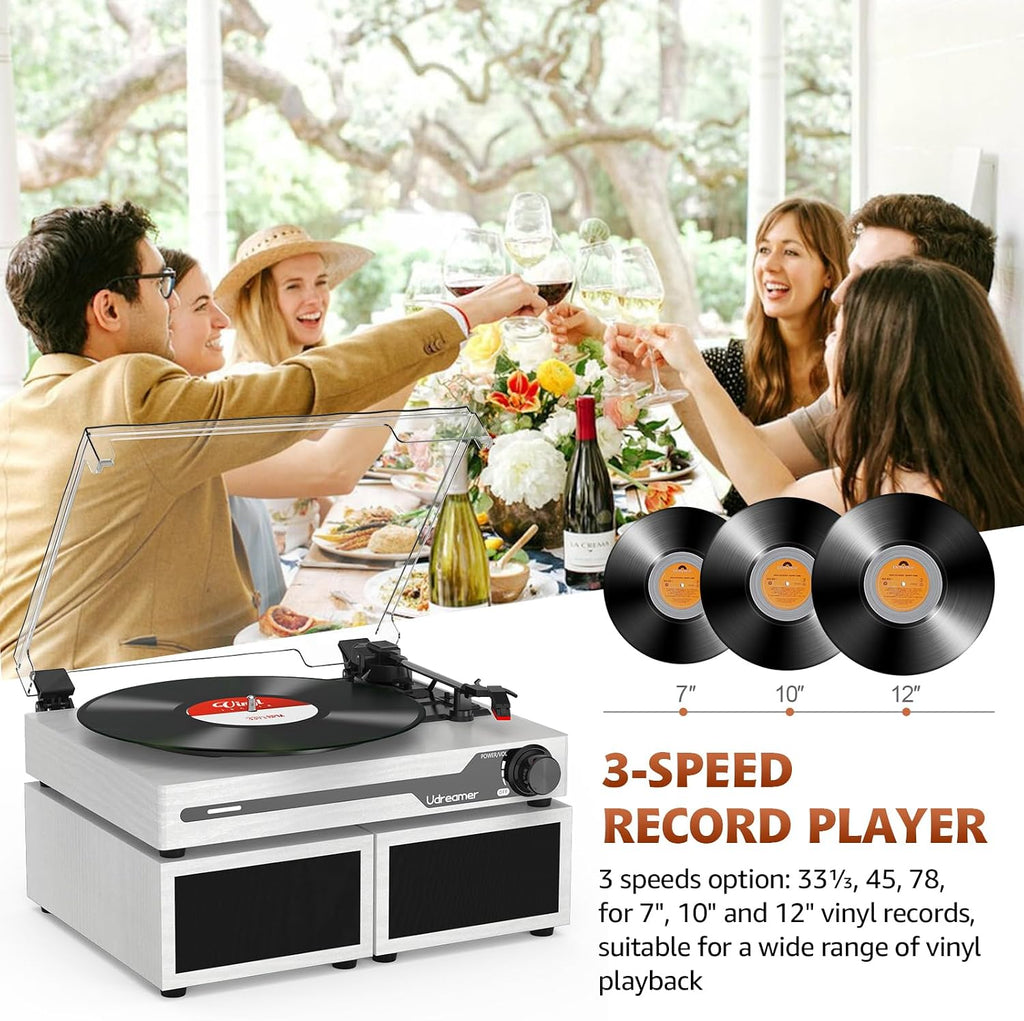 Vinyl Record Player with External Speakers, Bluetooth Turntable, White