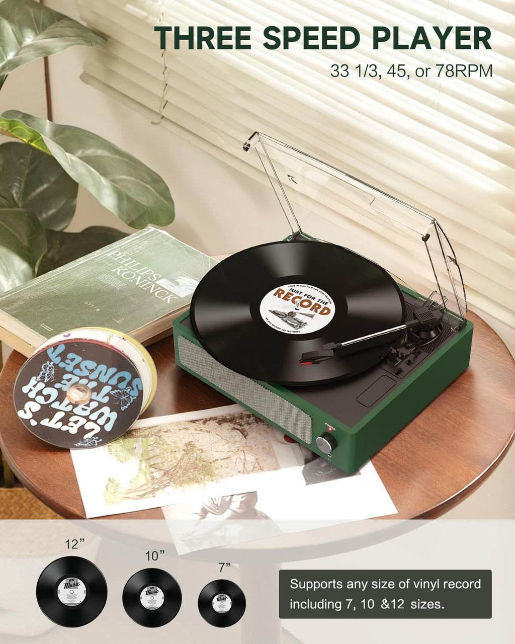 Vinyl Record Players Turntable with Speakers,Grass Green