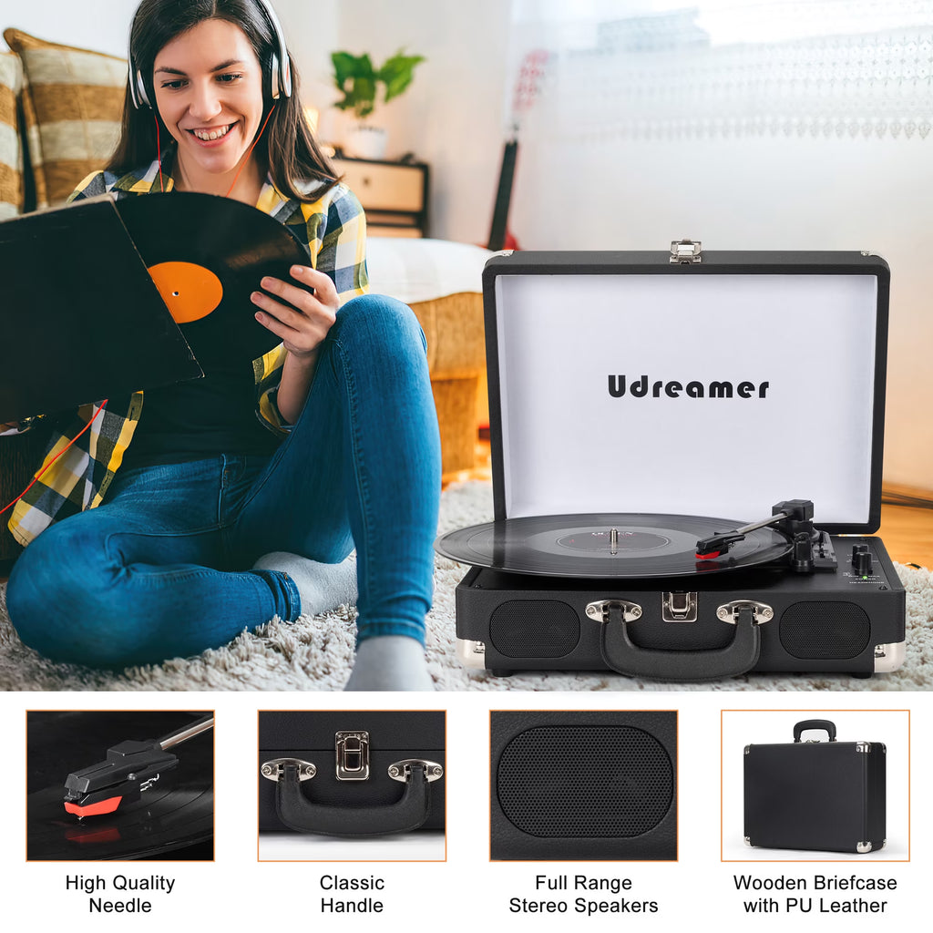 Vinyl Record Player with Speakers,Turntables for Vinyl Records,Portable Suitcase Vinyl Player (Tocadiscos De Vinilo),Black