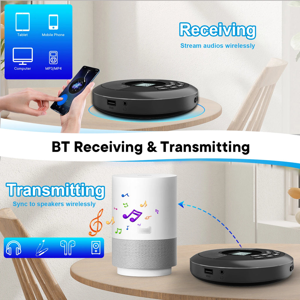 Portable Cd Walkman with Bluetooth Transimitting Cd Player Portable with Speakers and Earbuds Discman Rechargeable with USB