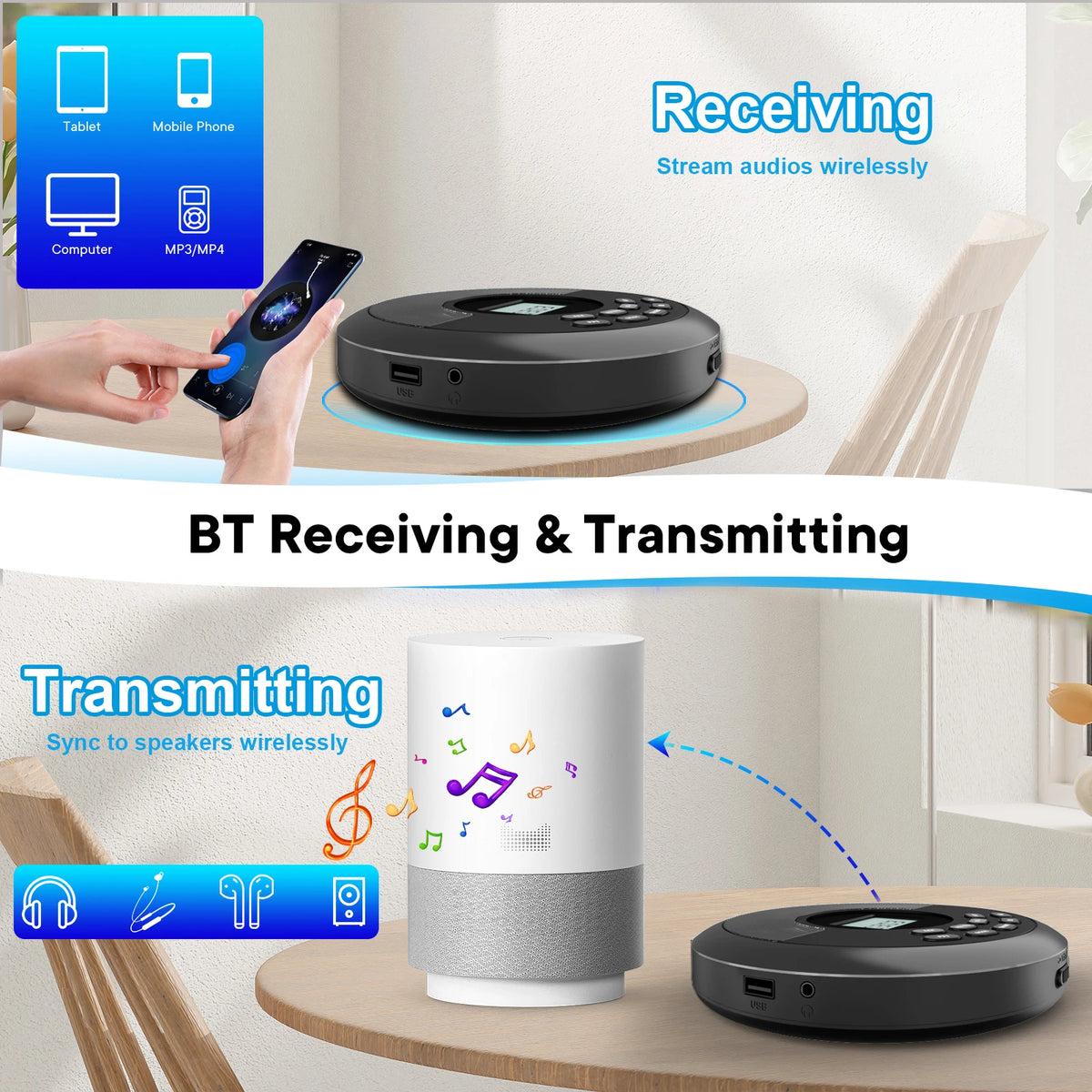 Portable Cd Walkman with Bluetooth Transimitting Cd Player Portable with Speakers and Earbuds Discman Rechargeable with USB