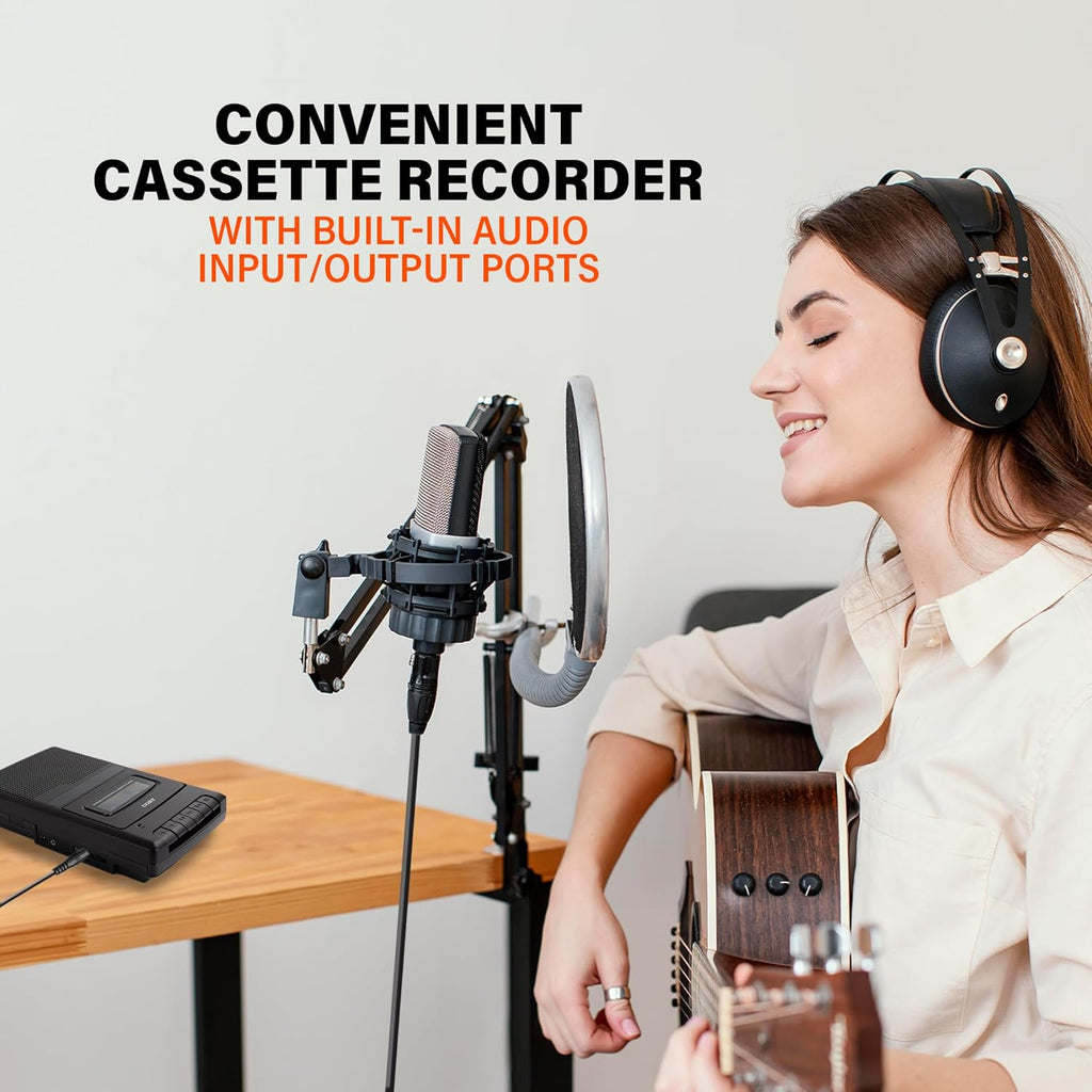 CVR22 Portable Cassette Player and Tape Cassette Recorder with Built-In Microphone, Built-In Handle, and One-Touch Recording with Automatic Stop - Black