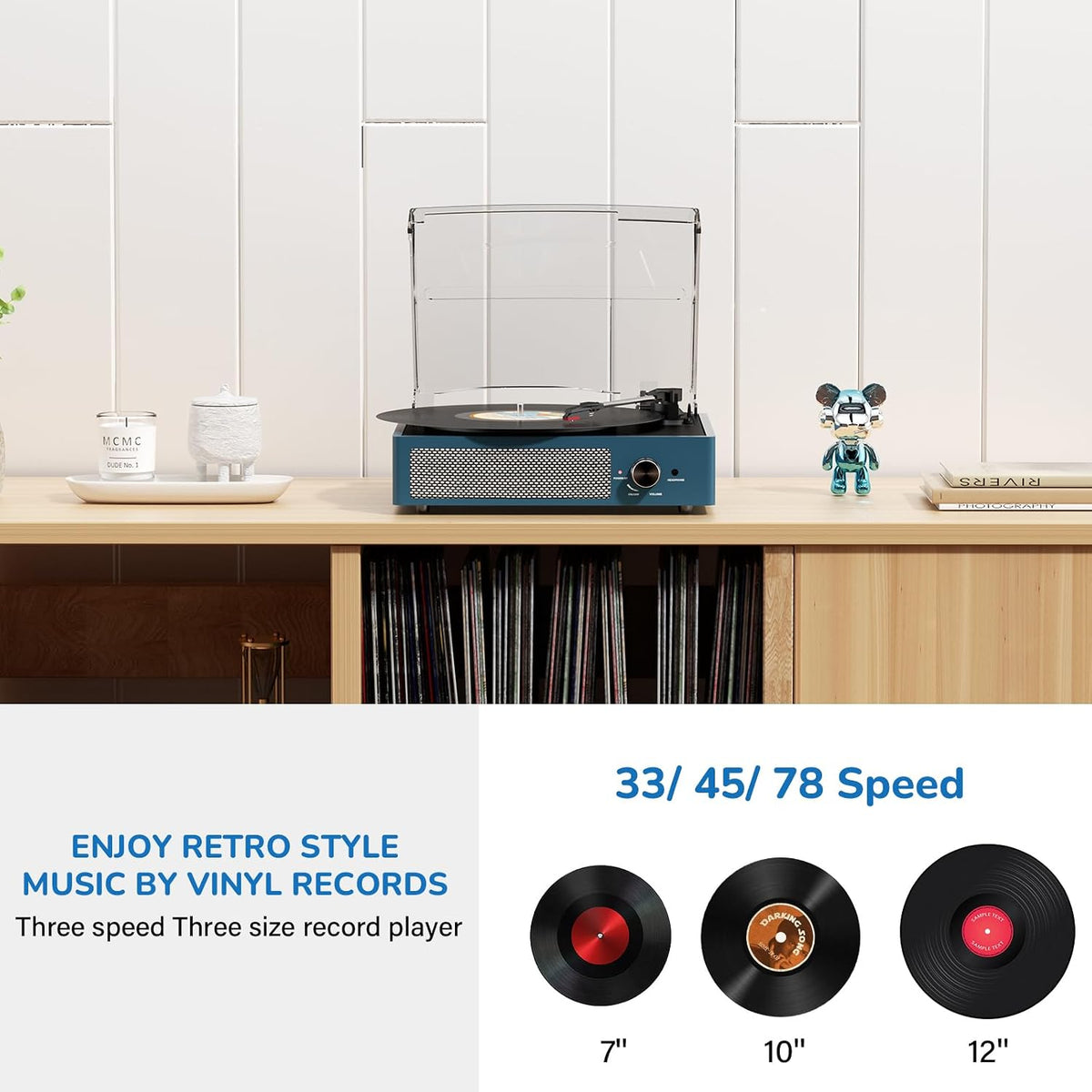 Vinyl Record Player with 2 Stereo Speakers Belt-Driven Vintage Turntables 3 Speed 3 Size Wireless Bluetooth Playback Aux-In RCA Out Headphone LP Vinyl Players Auto Stop Frosted Blue