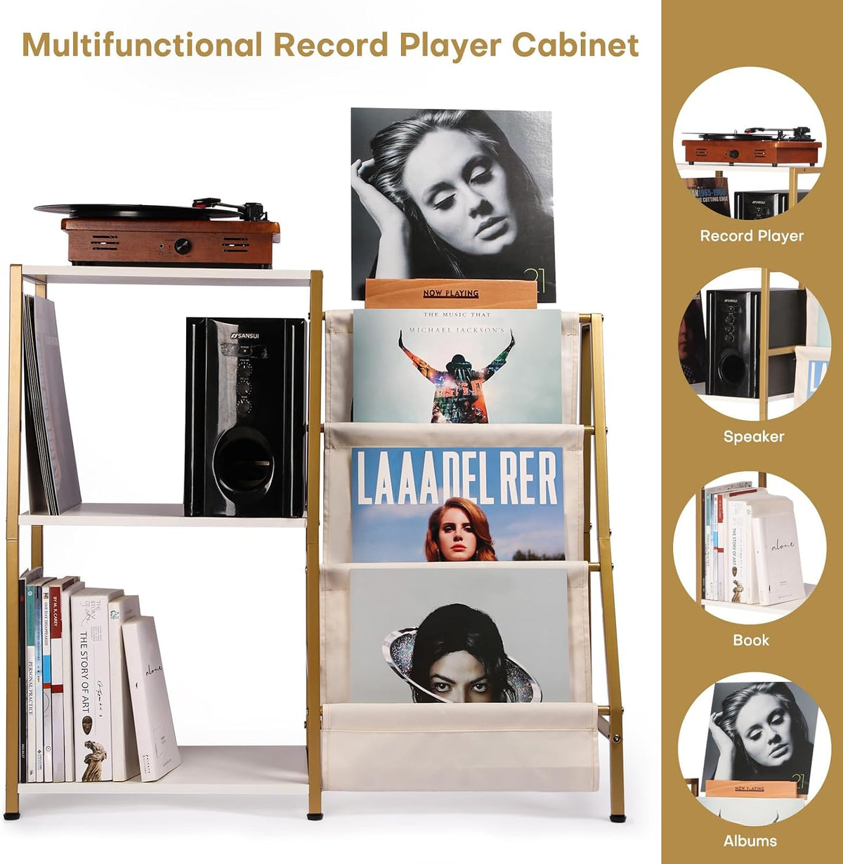 Stand for Record Player, 3 Tier Vinyl Record Storage with Now Playing Holder, Turntable Stand, Vinyl Display with Speaker Storage for Living Room, Gold White