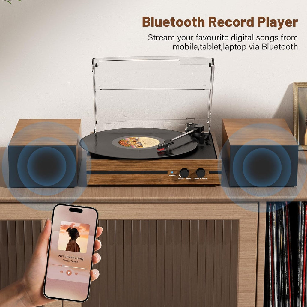 Vinyl Record Player with 2 External Stereo Speakers, Bluetooth, 3-Speed