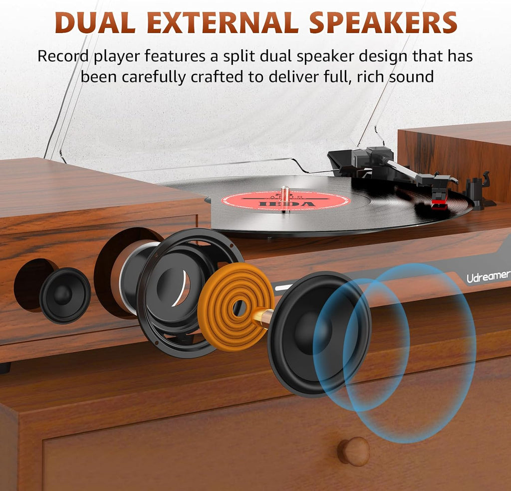 Vinyl Record Player with External Speakers, Bluetooth Turntable