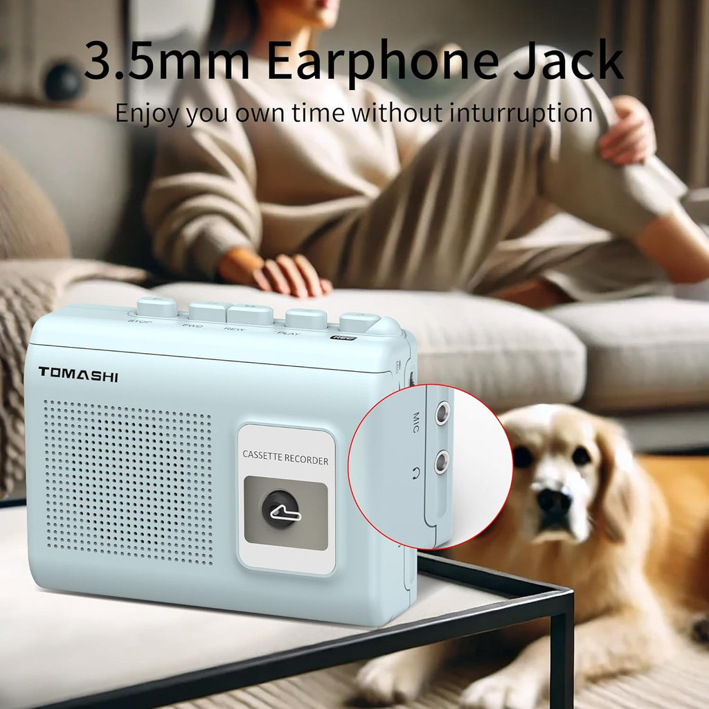 Portable Cassette Player Tape Recorder with Built-In Speaker,Microphone,Headphone Jack-, 4.57 X 3.54 X 1.38Inch (Blue)