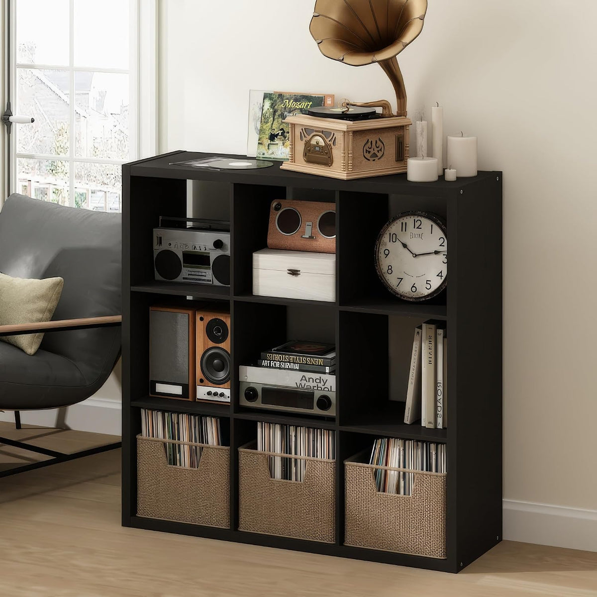 Cubicle Record Player Stand, 9-Cube Record Storage, Dark Oak