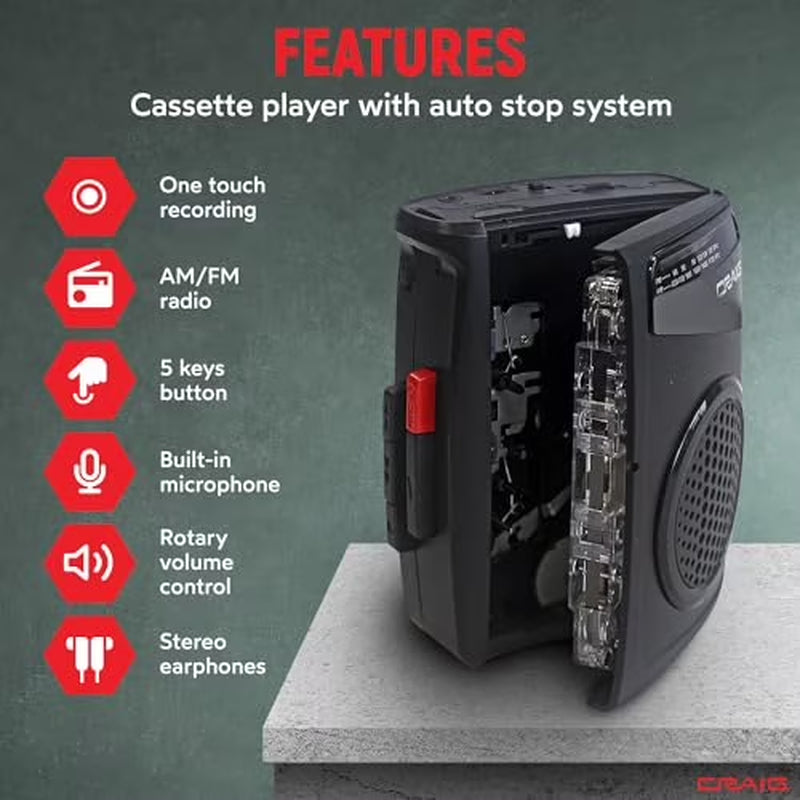 Stereo Cassette Player/Recorder with Earphones: Portable AM/FM Radio & One-Touch Recording System