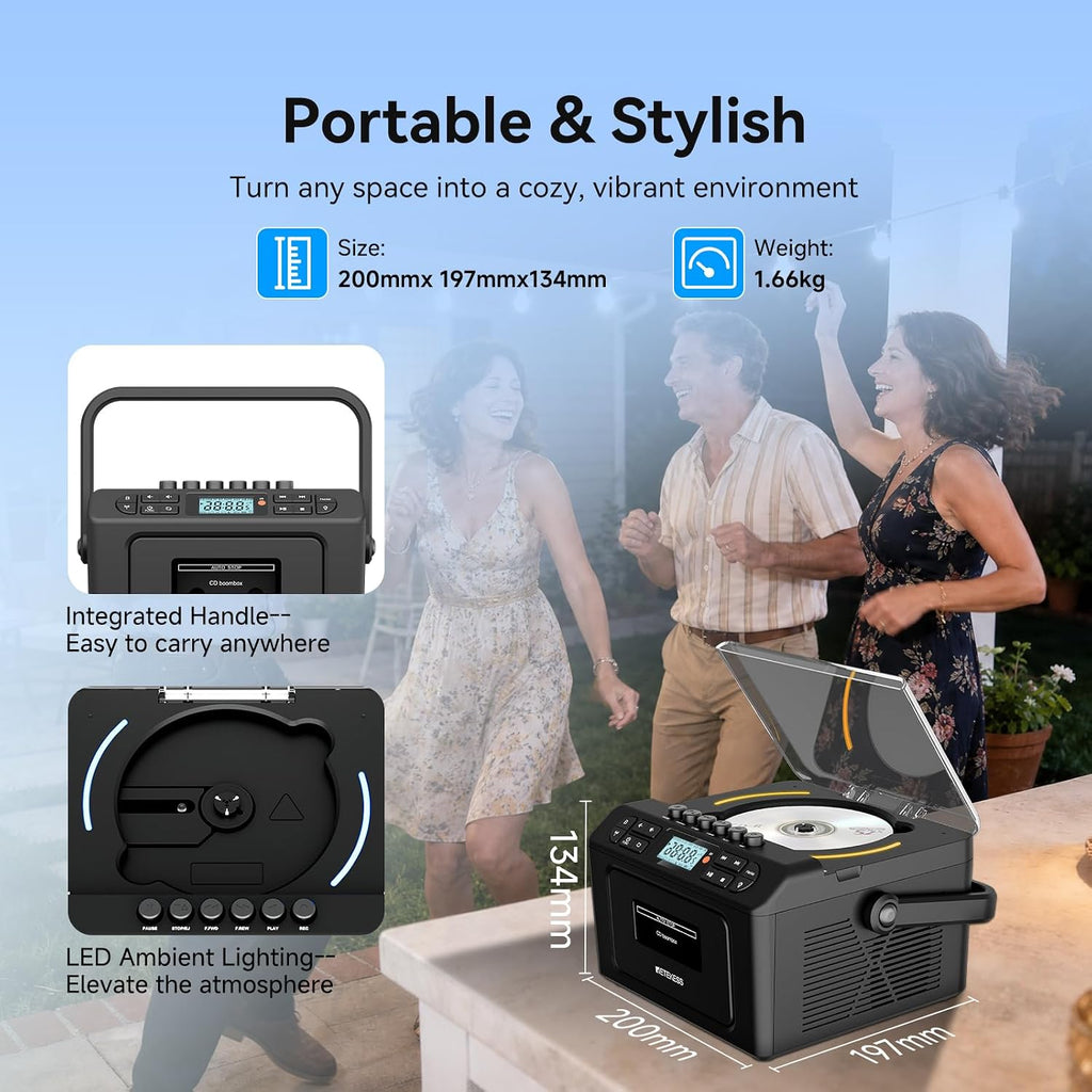 TR642 Boombox with CD and Cassette Player, Portable AM FM Radio