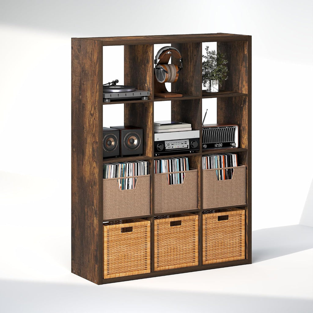 Cubicle Record Player Stand, 12-Cube Record Storage, Amber Pine
