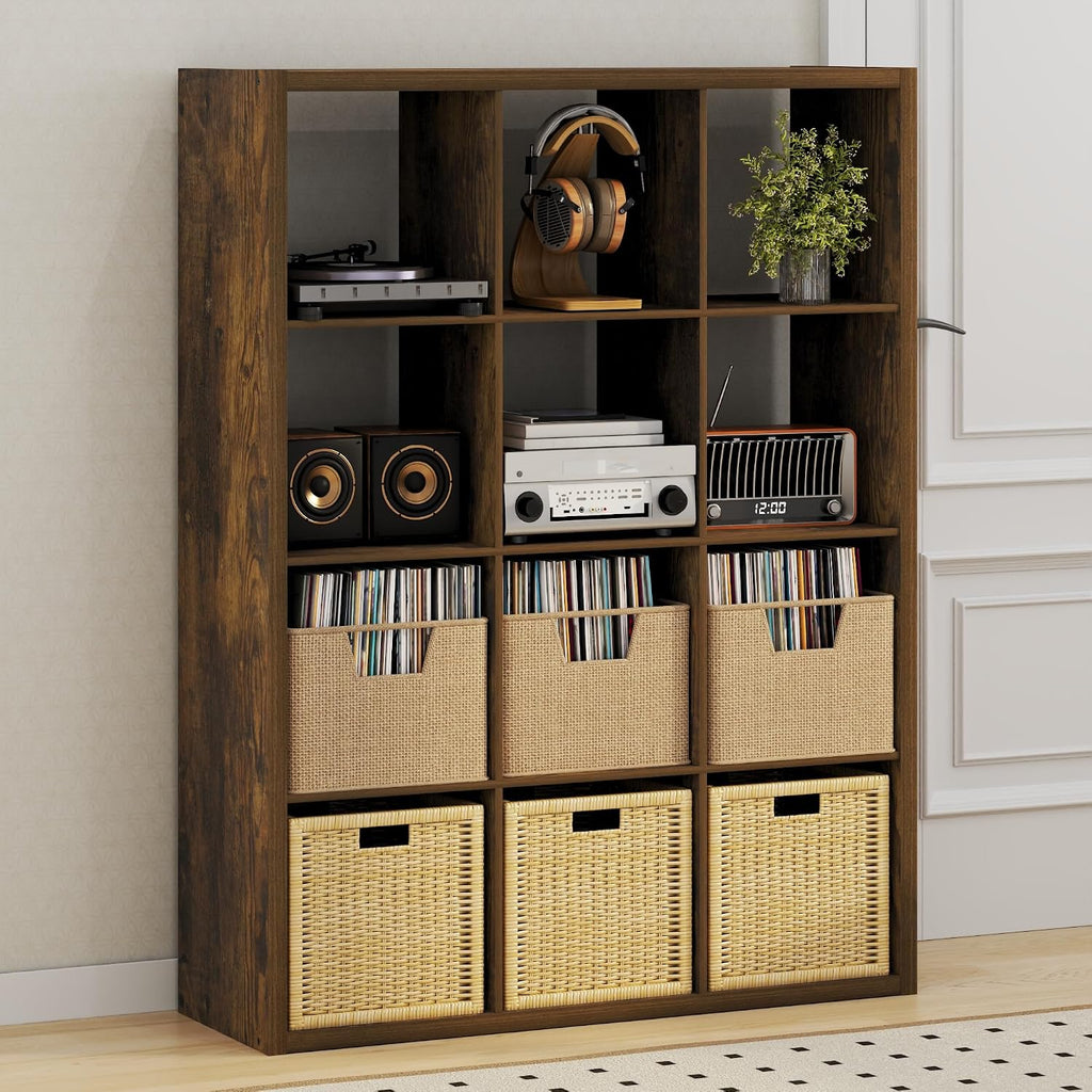Cubicle Record Player Stand, 12-Cube Record Storage, Amber Pine