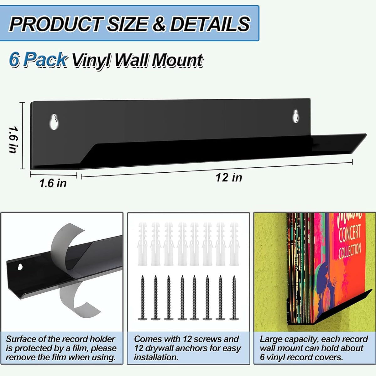 Vinyl Record Wall Mount, 12 Inch Black Acrylic Record Shelf, 6 Pack Vinyl Record Wall Display Holder for Daily LP Listening