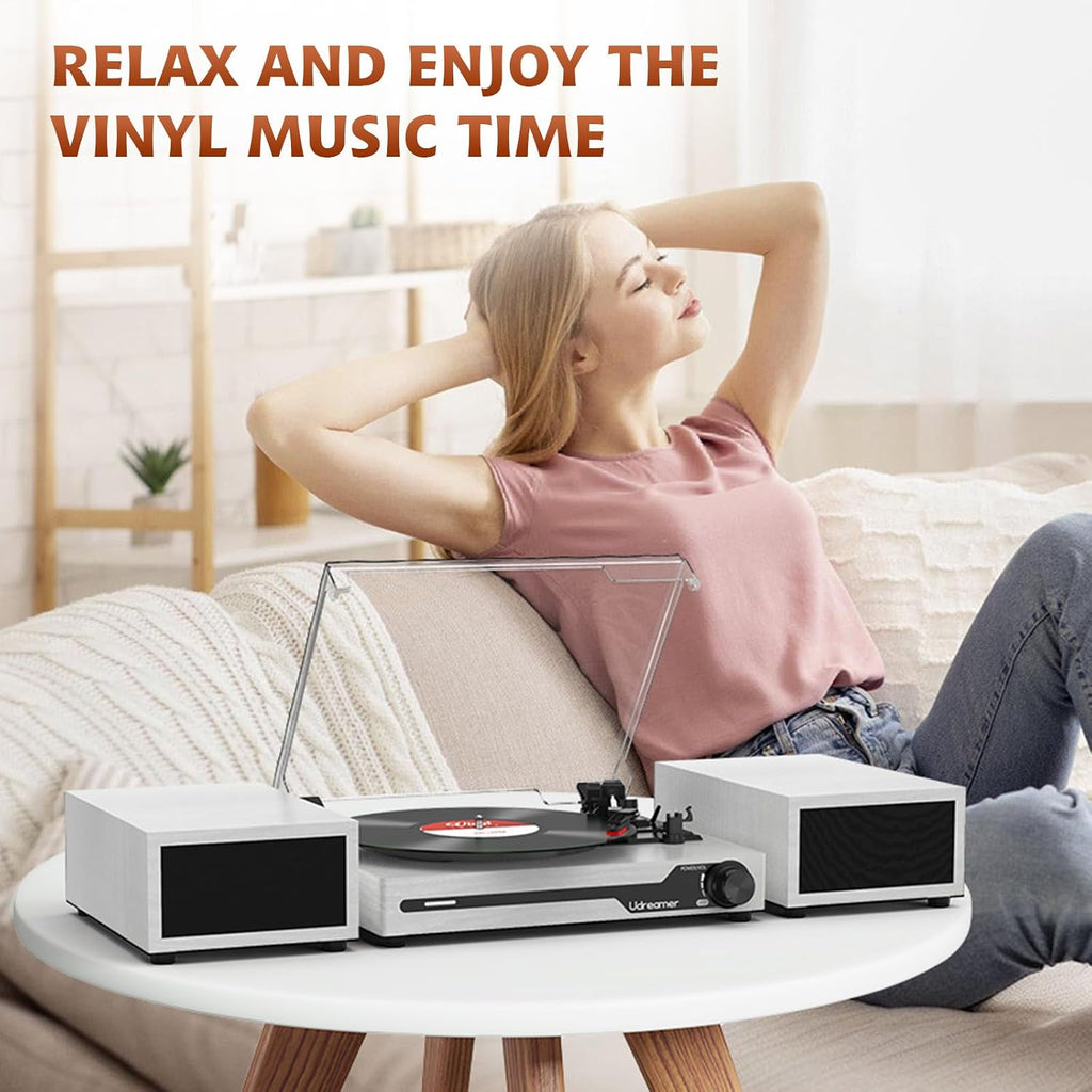 Vinyl Record Player with External Speakers, Bluetooth Turntable, White