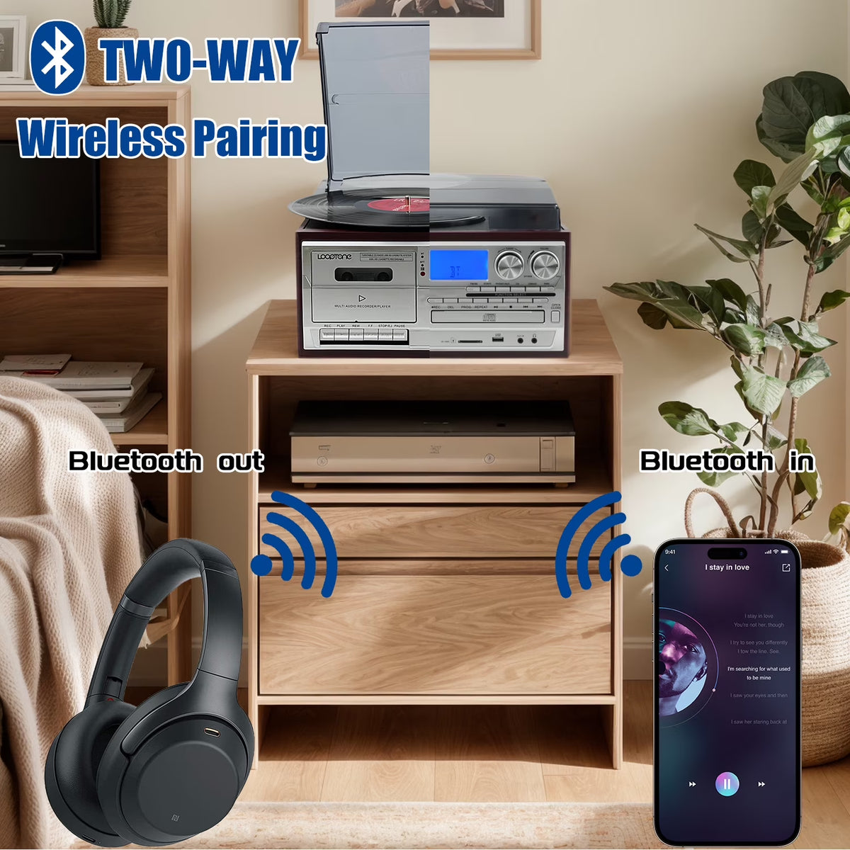 Vinyl Record Player 10 in 1 3 Speed Bluetooth Vintage Turntable CD Cassette Player AM/FM Radio USB Recorder Aux-In RCA Line-Out